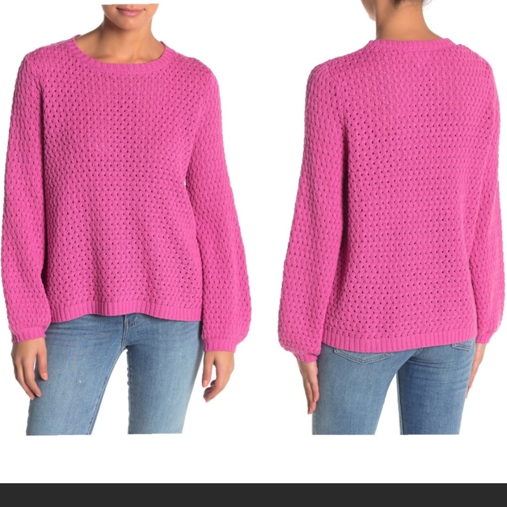 14th & Union Balloon Sleeve Crochet Knit Sweater Crew Neck Pink Size S